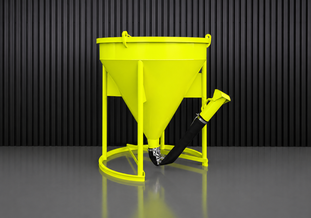 Lime concrete hopper on a stand with a black discharge hose