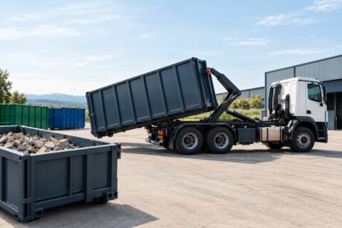 Бял камион с hook-lift система товаря тъмносив метален контейнер в индустриален двор